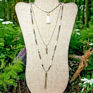 Dainty Triple-Strand Necklace With Tassels: Gold, Shades Of Brown, Blue, Ivory